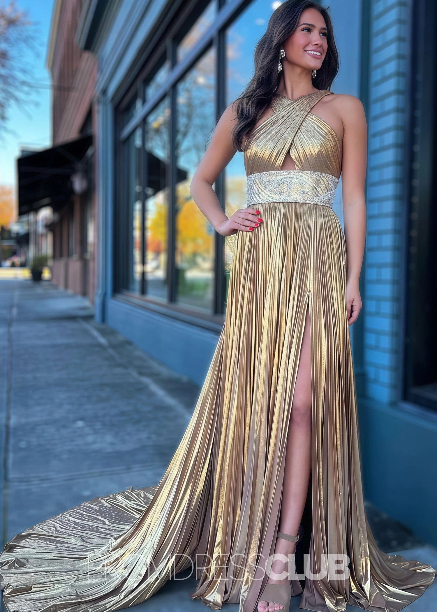 Elaine |Long Gold Prom Dress Metallis With Pleated Criss Cross Straps Slit - Gold - US0 - PromDressClub