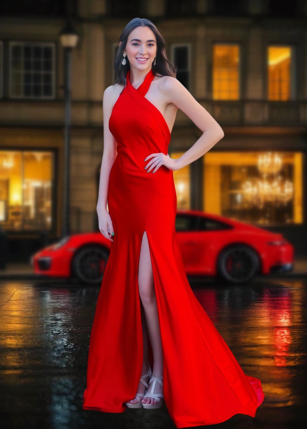 Eleanor | Stunning Red Satin Halter Neck Backless Formal Dress with Slit – Elevate Your Formal Event Style - Red - PromDressClub