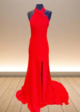 Eleanor | Stunning Red Satin Halter Neck Backless Formal Dress with Slit – Elevate Your Formal Event Style - Red - PromDressClub