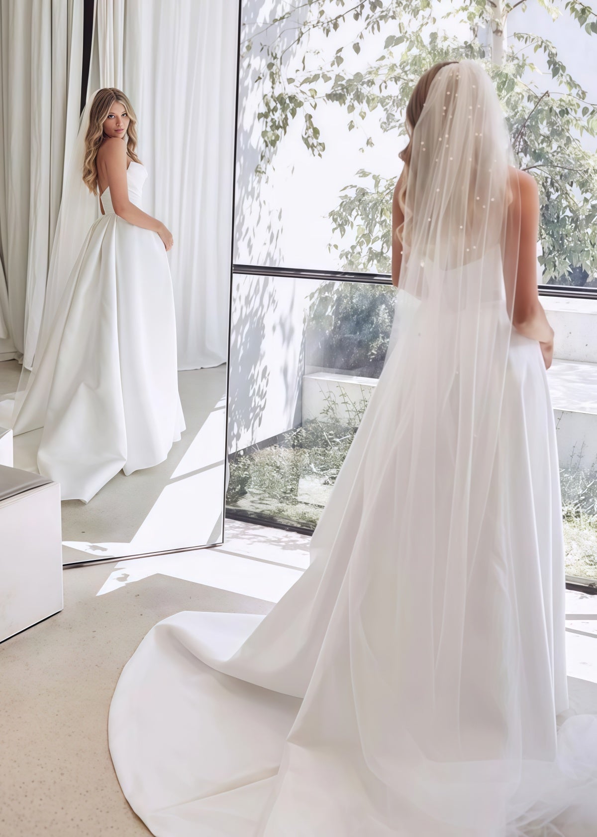 Elma | Elegant A - Line Strapless Backless White Satin Wedding Dress Train with Slit - White - PROMDRESS Club