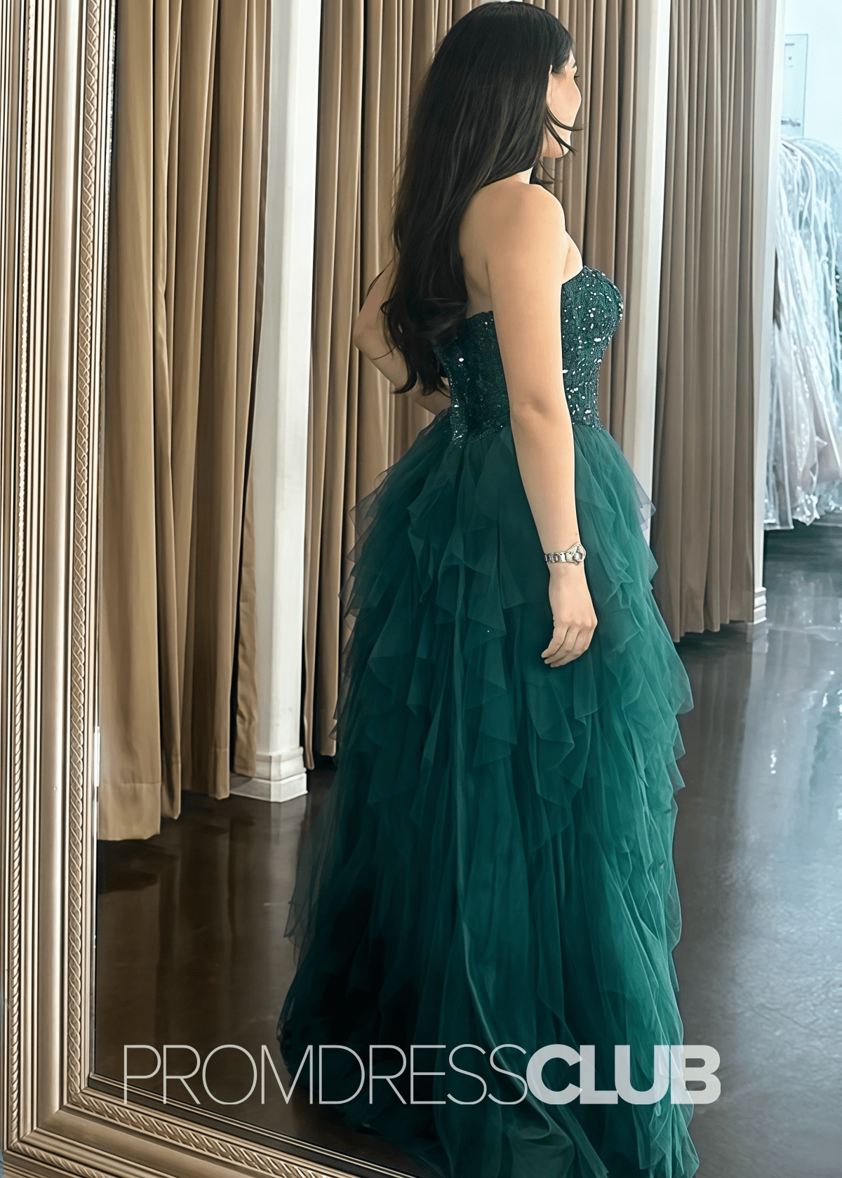 Elva |Long Emerald Green Prom Dresses A Line Sweetheart Tulle Tiered Corset with Slit - Emerald Green - PromDressClub