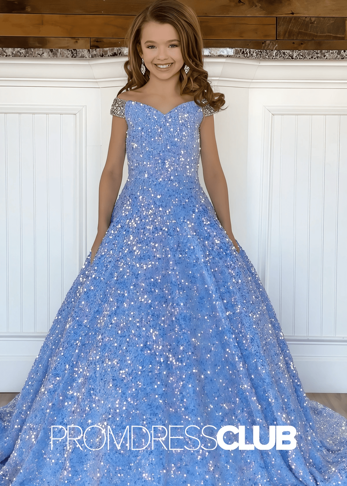 Elvira | Iridescent Sequin White Pageant Dresses for Girls - Light Blue - PromDressClub