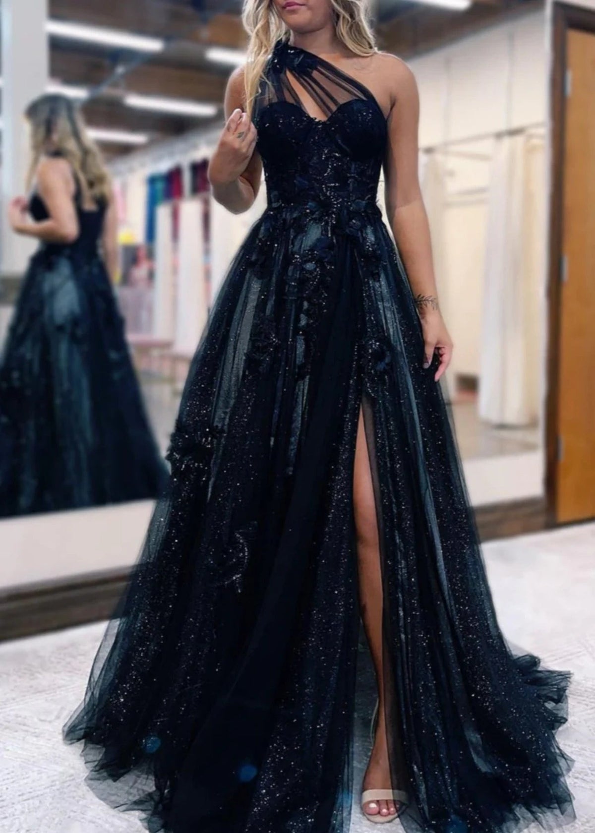 Emily |One Shoulder A Line Pink Lace Long Prom Dress with Appliques - Black - US0 - PromDressClub