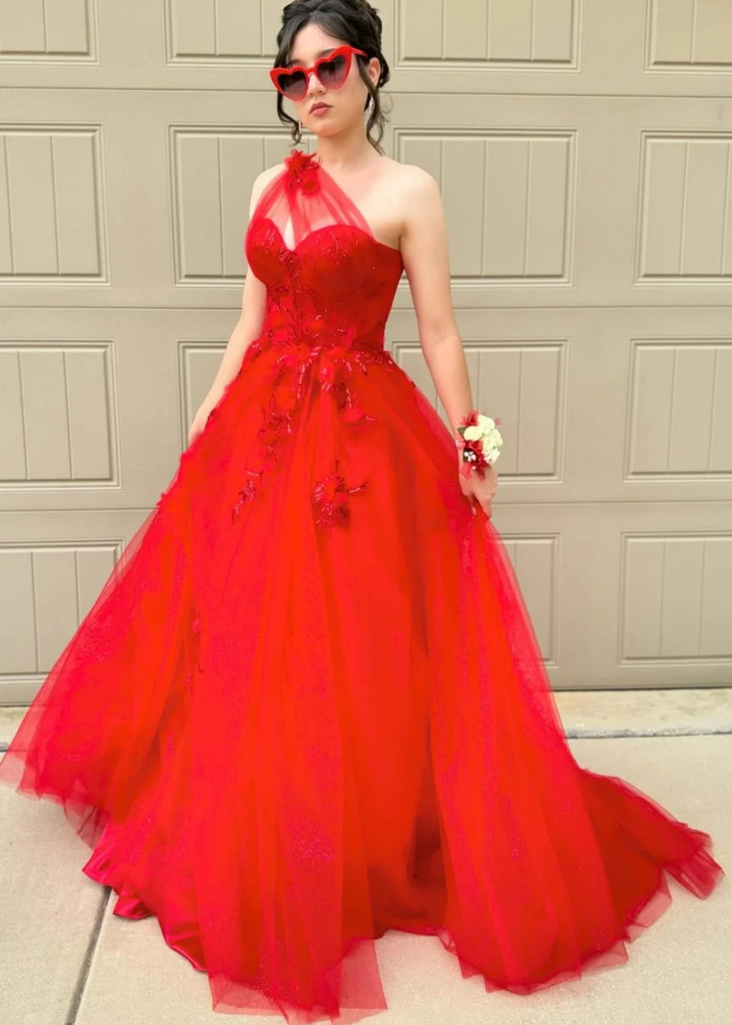 Emily |One Shoulder A Line Pink Lace Long Prom Dress with Appliques - Red - US0 - PromDressClub