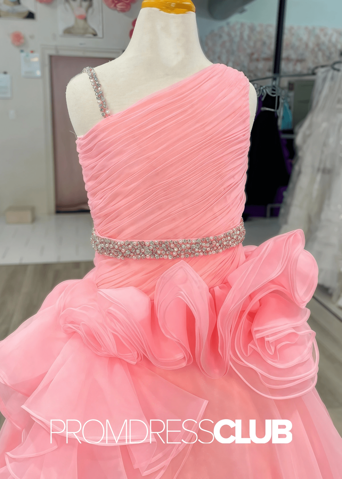 Esther | Asymmetrical Ruffle Long Pink Pageant Dresses - Light Pink - PromDressClub