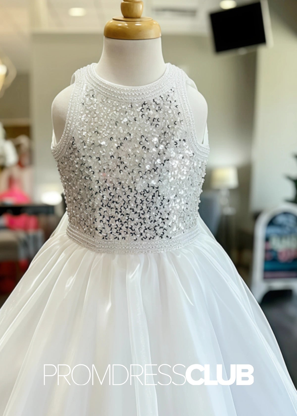 Ethel | Long Sleeveless White Sequin Pageant Dresses for Girls - White - PromDressClub