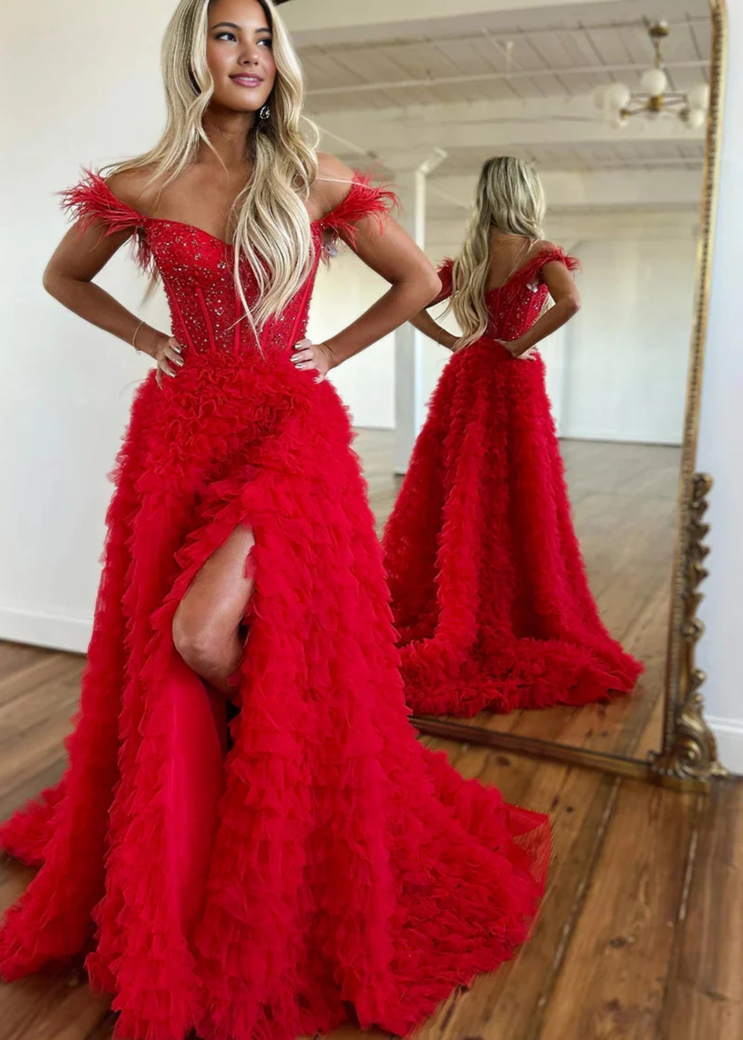 Eudora |A Line Sweetheart Tiered Pink Tulle Long Prom Dress With Slit - Red - US0 - PromDressClub