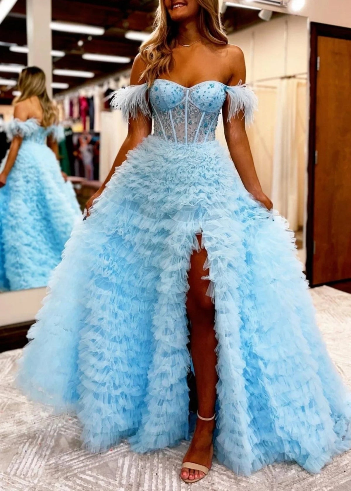 Eudora |A Line Sweetheart Tiered Pink Tulle Long Prom Dress With Slit - Sky Blue - US0 - PromDressClub