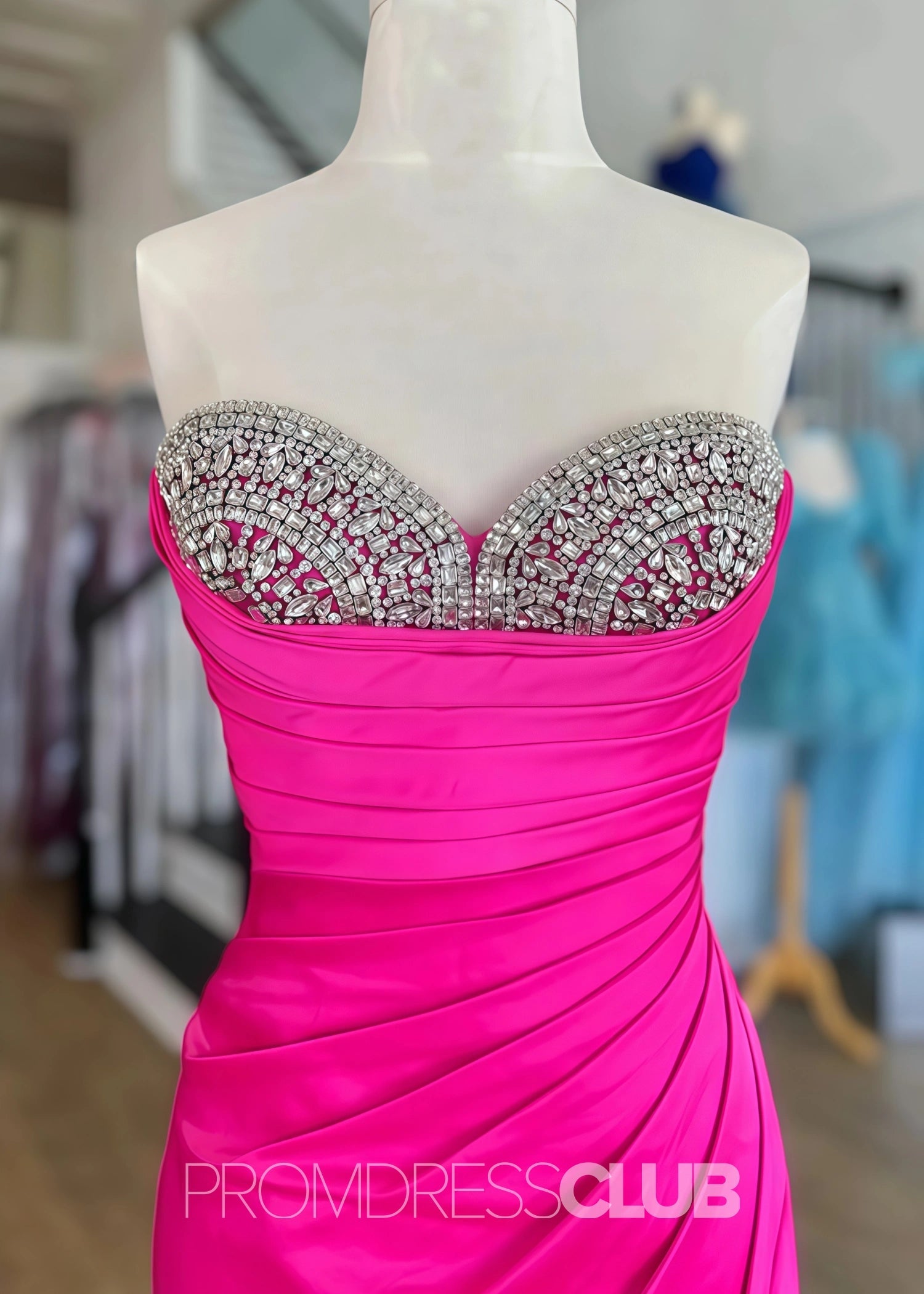 Evangeline |Long Silver Prom Dress Metallic With Mermaid Beaded Sweetheart Split - Fuchsia - US0 - PromDressClub