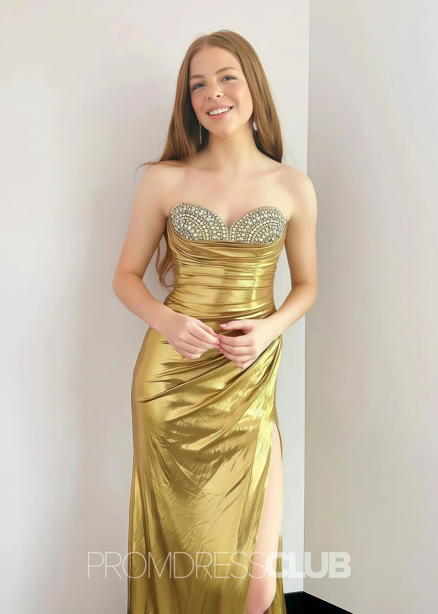 Evangeline |Long Silver Prom Dress Metallic With Mermaid Beaded Sweetheart Split - Gold - US0 - PromDressClub