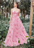 Fiona | Stunning Pink Floral Tulle A Line Corset Flower Prom Dress - Unforgettable Moments - Pink Floral - PromDressClub