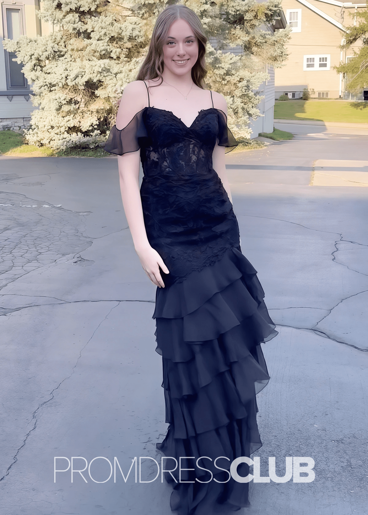 Frances | Long Black Prom Dresses Mermaid V Neck Spaghetti Straps Tulle with Slit - Black - PromDressClub