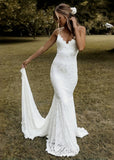 Genevieve | Mermaid Spaghetti Strap Backless Appliques Lace Long White Wedding Dress Train - White - PROMDRESS Club