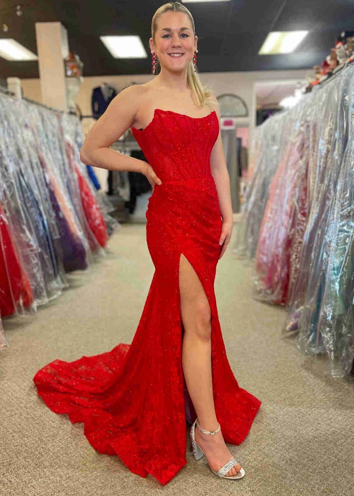 Genevieve |Mermaid Strapless Lavender Lace Ruched Prom Dress with Slit - Red - US0 - PromDressClub