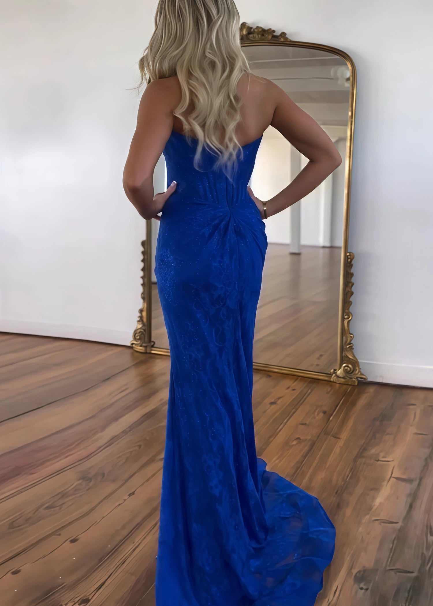 Genevieve |Mermaid Strapless Lavender Lace Ruched Prom Dress with Slit - Royal Blue - US0 - PromDressClub