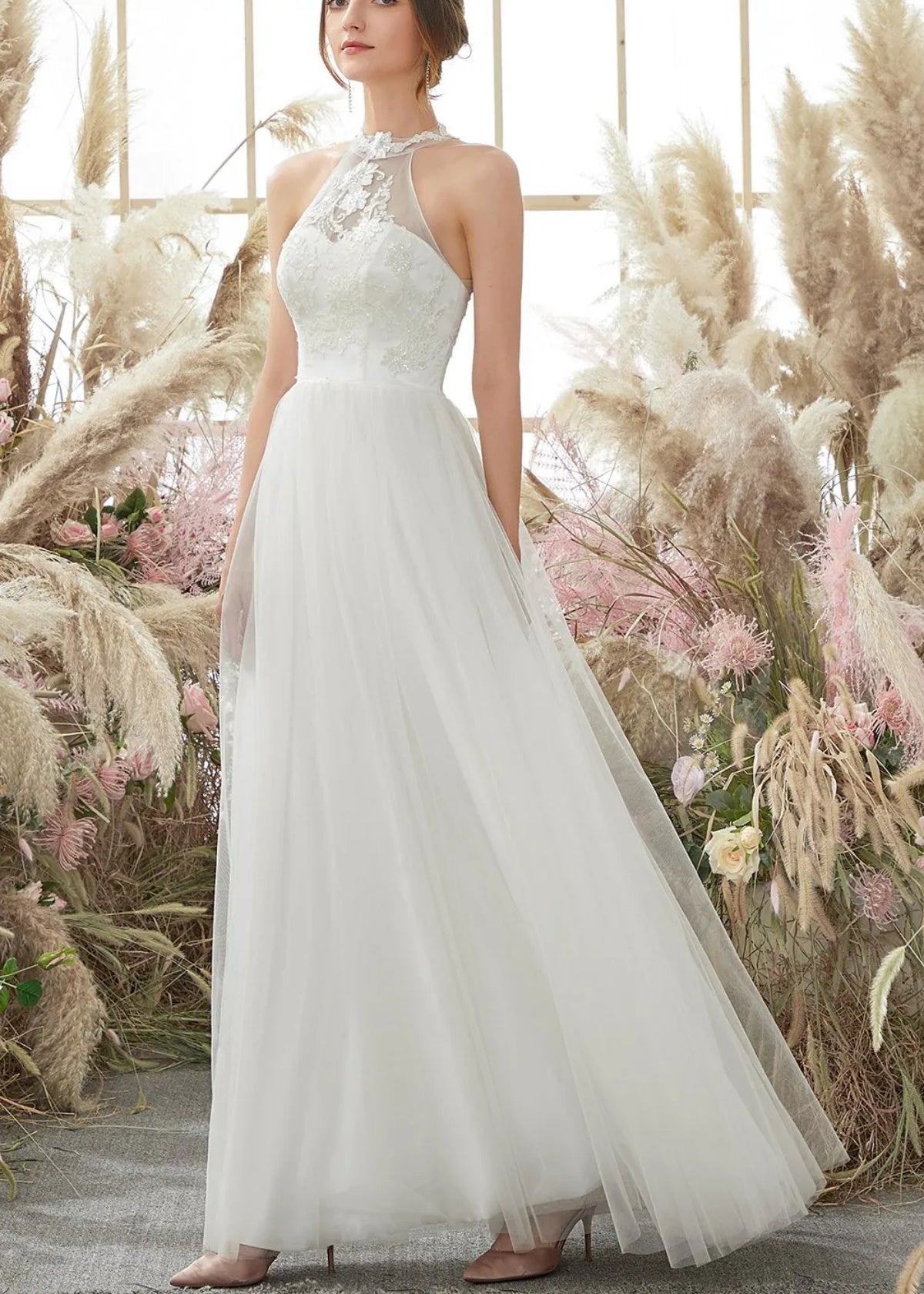 Gill | A Line Halter Neckline Open Back Long White Tulle Wedding Dress - White - PROMDRESS Club