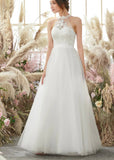 Gill | A Line Halter Neckline Open Back Long White Tulle Wedding Dress - White - PROMDRESS Club