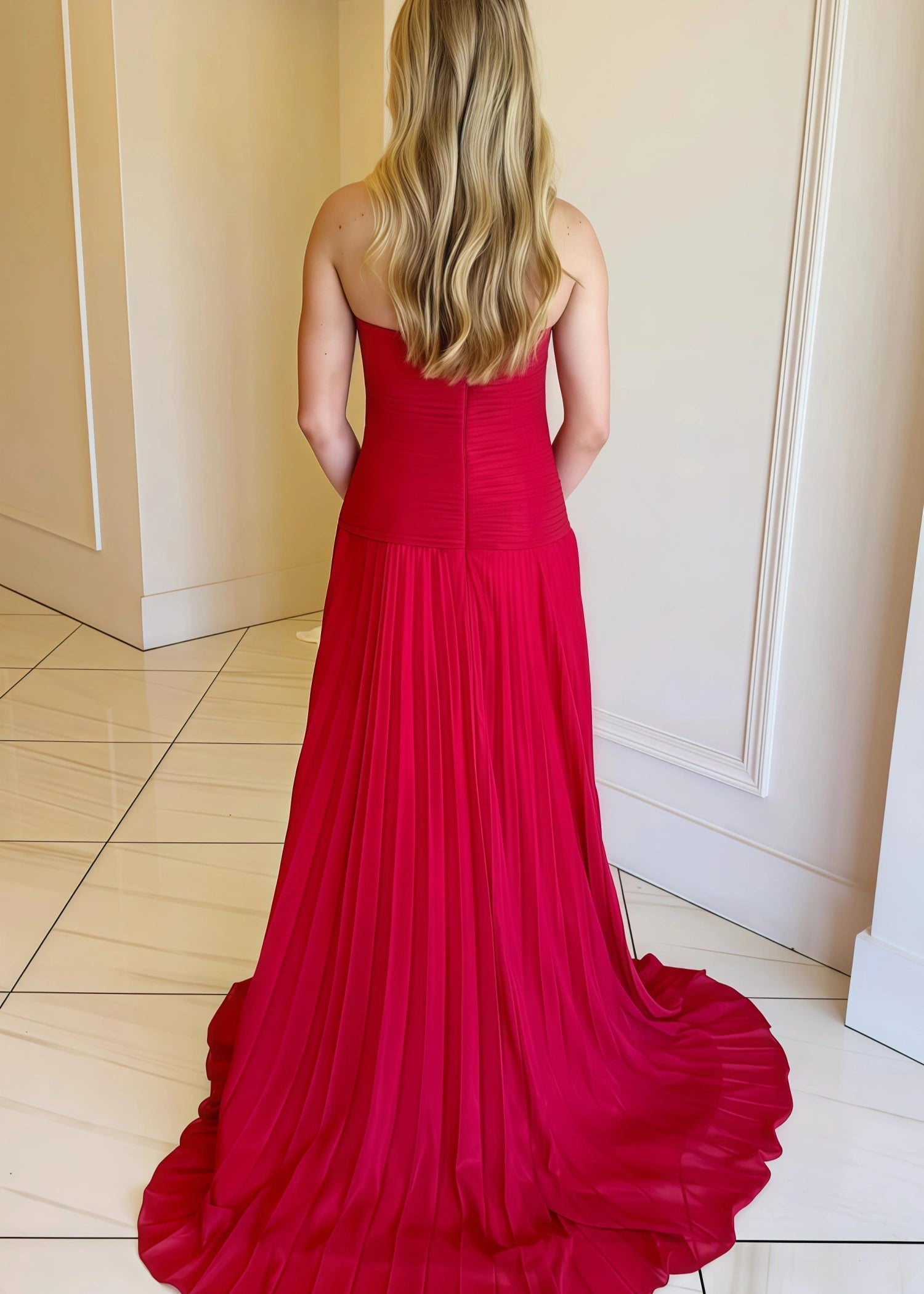 Gloria |A - Line Strapless Keyhole Pleated Fuchsia Long Prom Dress With Slit - Red - US0 - PromDressClub