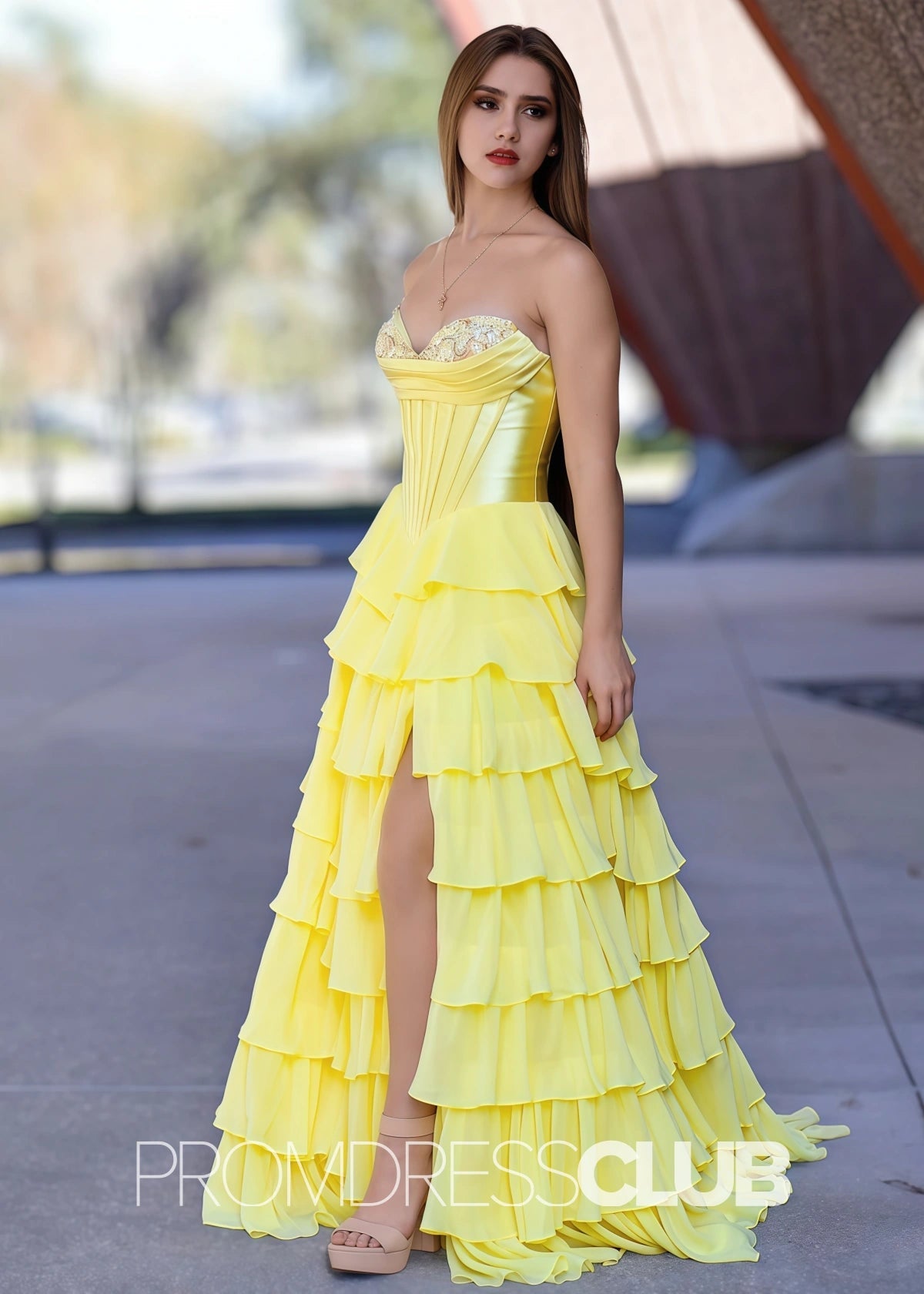 Harriet | Strapless Sweetheart Ruffle Red Prom Dress - Yellow - PROMDRESS Club