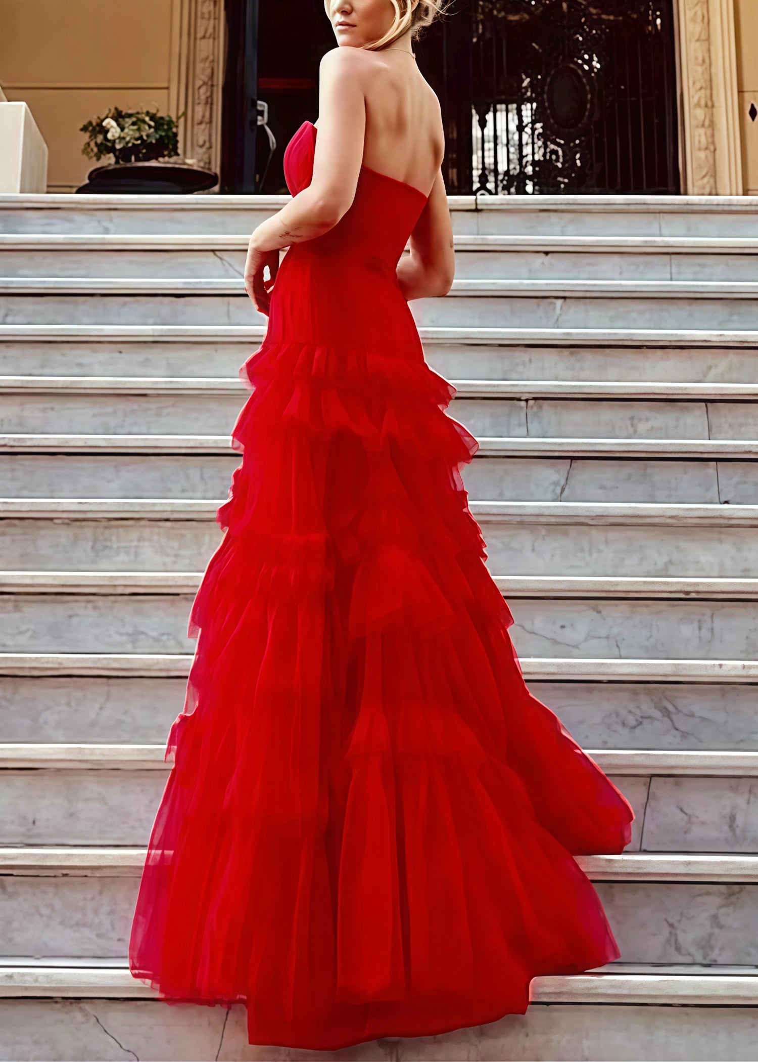 Hazel |A - Line Strapless Ruffled Red Tulle Long Prom Dress With Tiered Ruffles - Red - US0 - PromDressClub