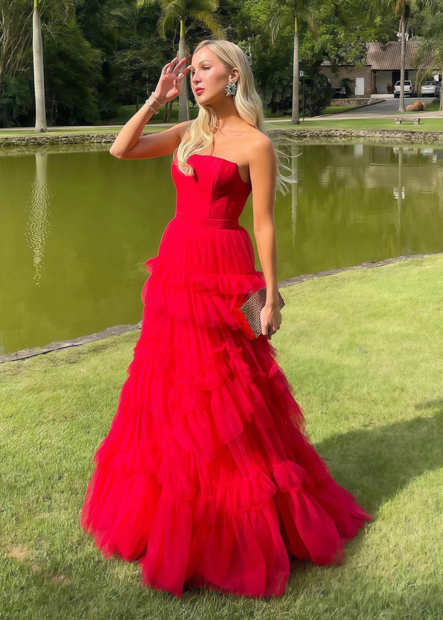 Hazel |A - Line Strapless Ruffled Red Tulle Long Prom Dress With Tiered Ruffles - Red - US0 - PromDressClub