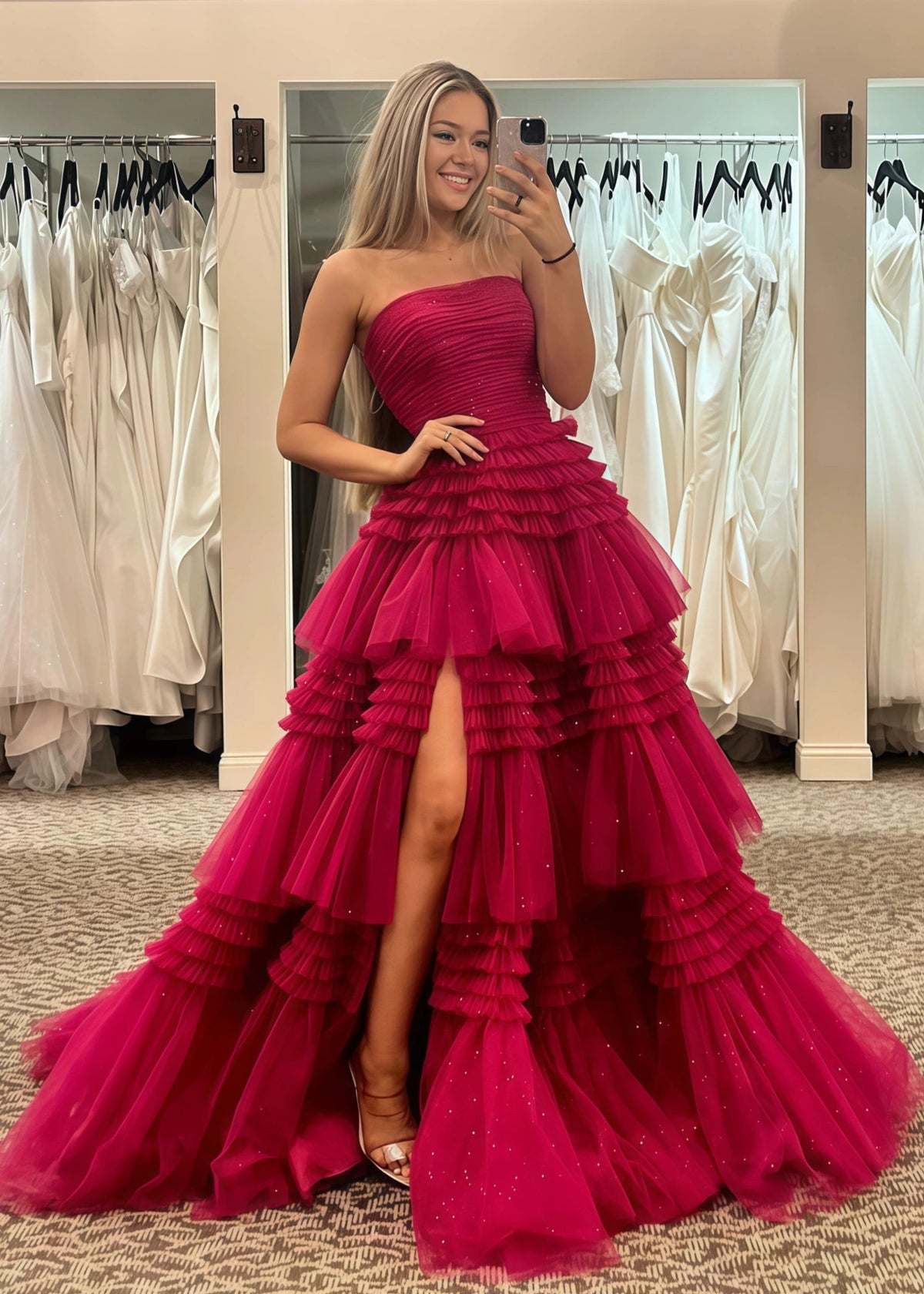 Hazel |A - Line Strapless Slit Tulle Champagne Long Prom Dress with Tiered Ruffles - Burgundy - US0 - PromDressClub