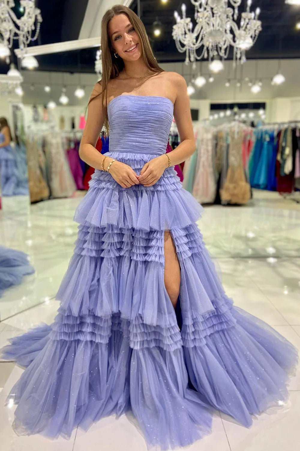 Hazel |A - Line Strapless Slit Tulle Champagne Long Prom Dress with Tiered Ruffles - Lilac - US0 - PromDressClub