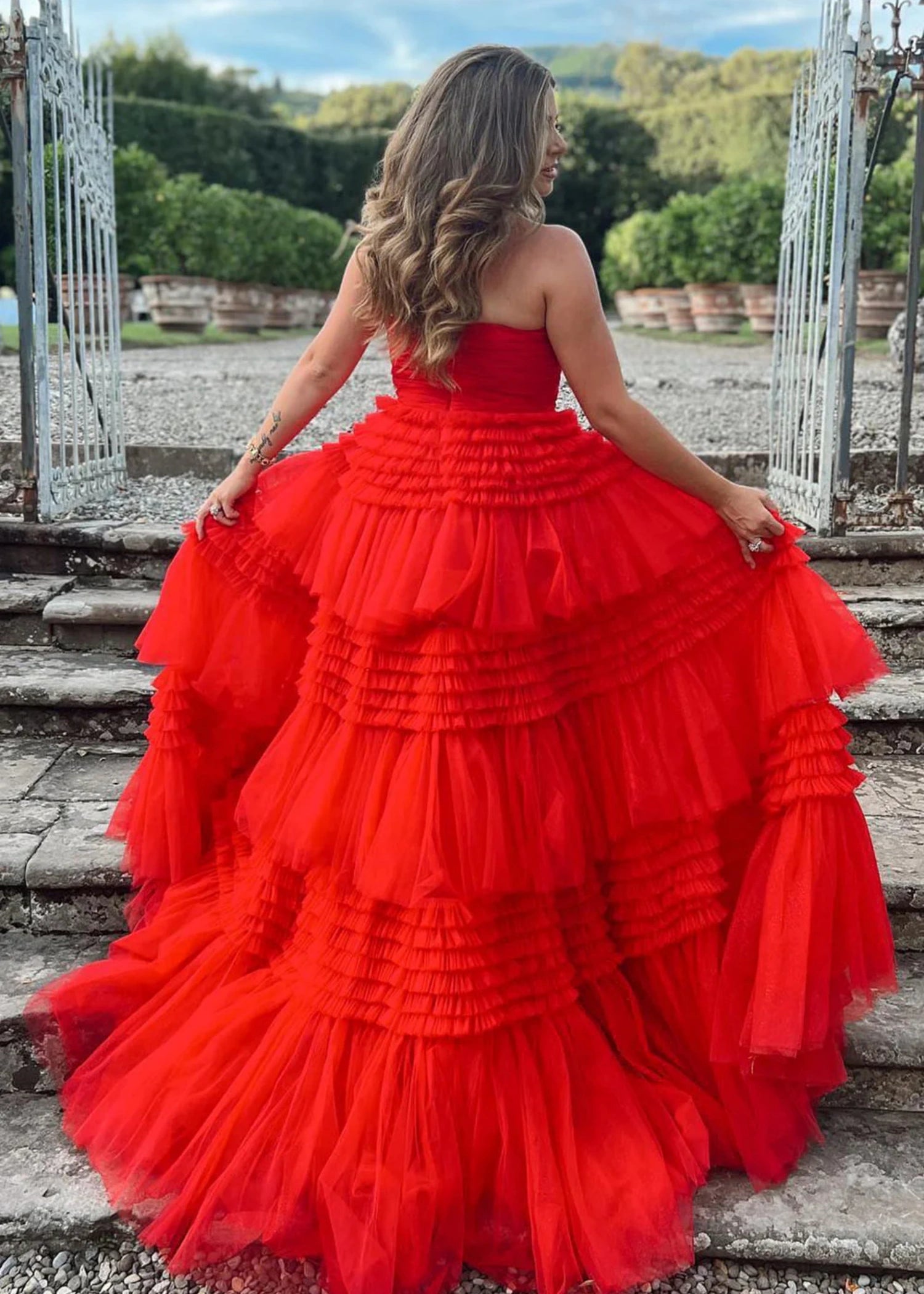 Hazel |A - Line Strapless Slit Tulle Champagne Long Prom Dress with Tiered Ruffles - Red - US0 - PromDressClub