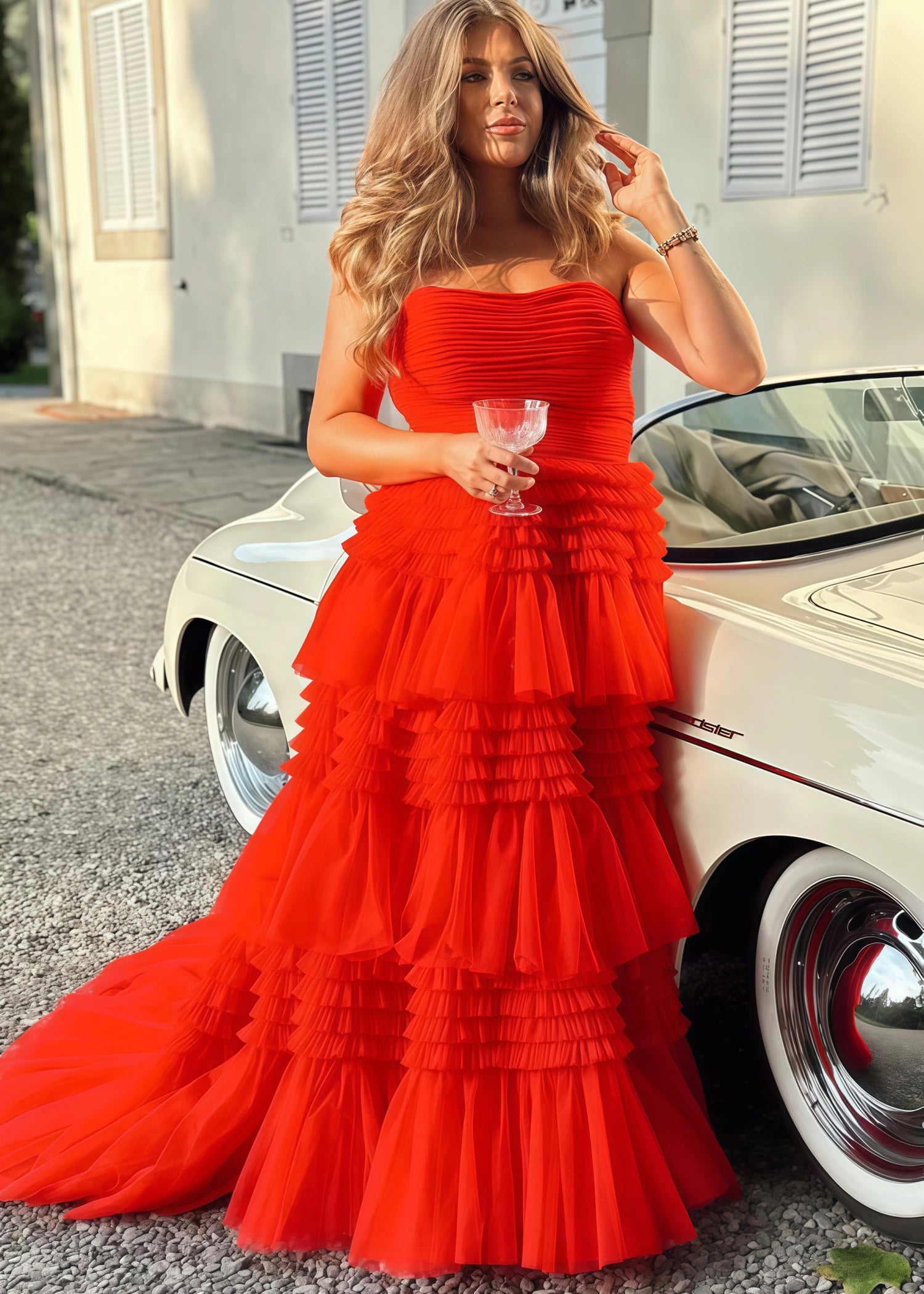 Hazel |A - Line Strapless Slit Tulle Champagne Long Prom Dress with Tiered Ruffles - Red - US0 - PromDressClub