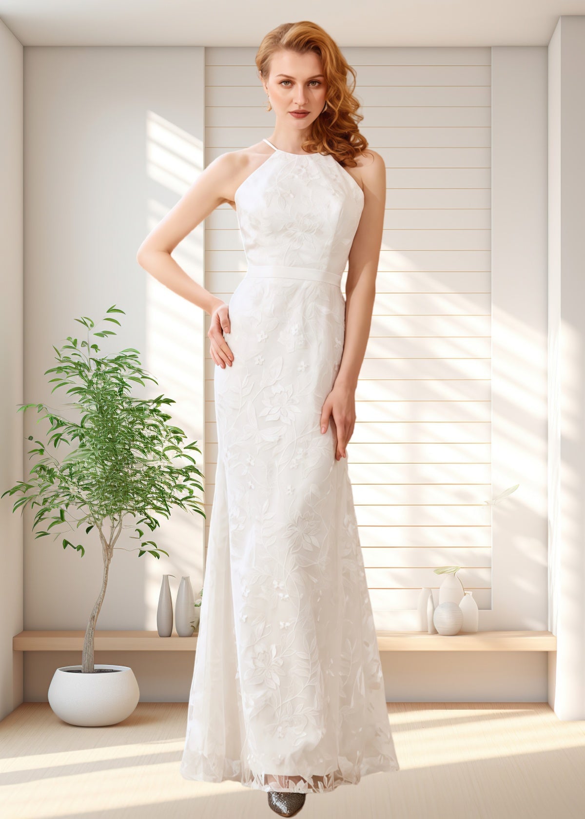 Hedy | Modest Mermaid Halter Neck White Lace Reception Wedding Dress - Price #price_variant_lowest# - White - PromDressClub