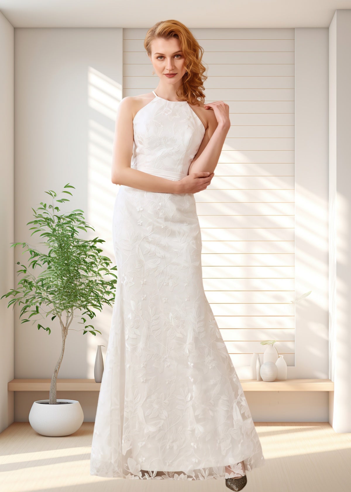 Hedy | Modest Mermaid Halter Neck White Lace Reception Wedding Dress - Price #price_variant_lowest# - White - PromDressClub