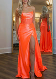 Honey | Mermaid Strapless Sweep - Train Orange Satin Maxi Prom Dress - Orange - PROMDRESS Club