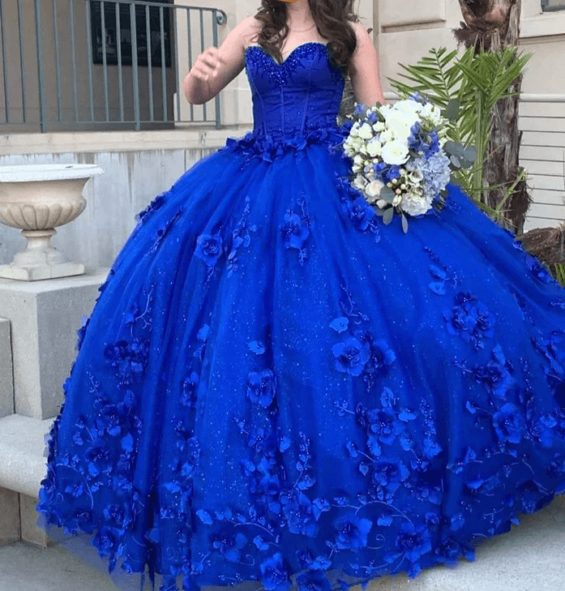 Linda |Hot Sweetheart Royal Blue Quince Dress Beaded Flowers with Bow - Royal Blue - US0 - PromDressClub