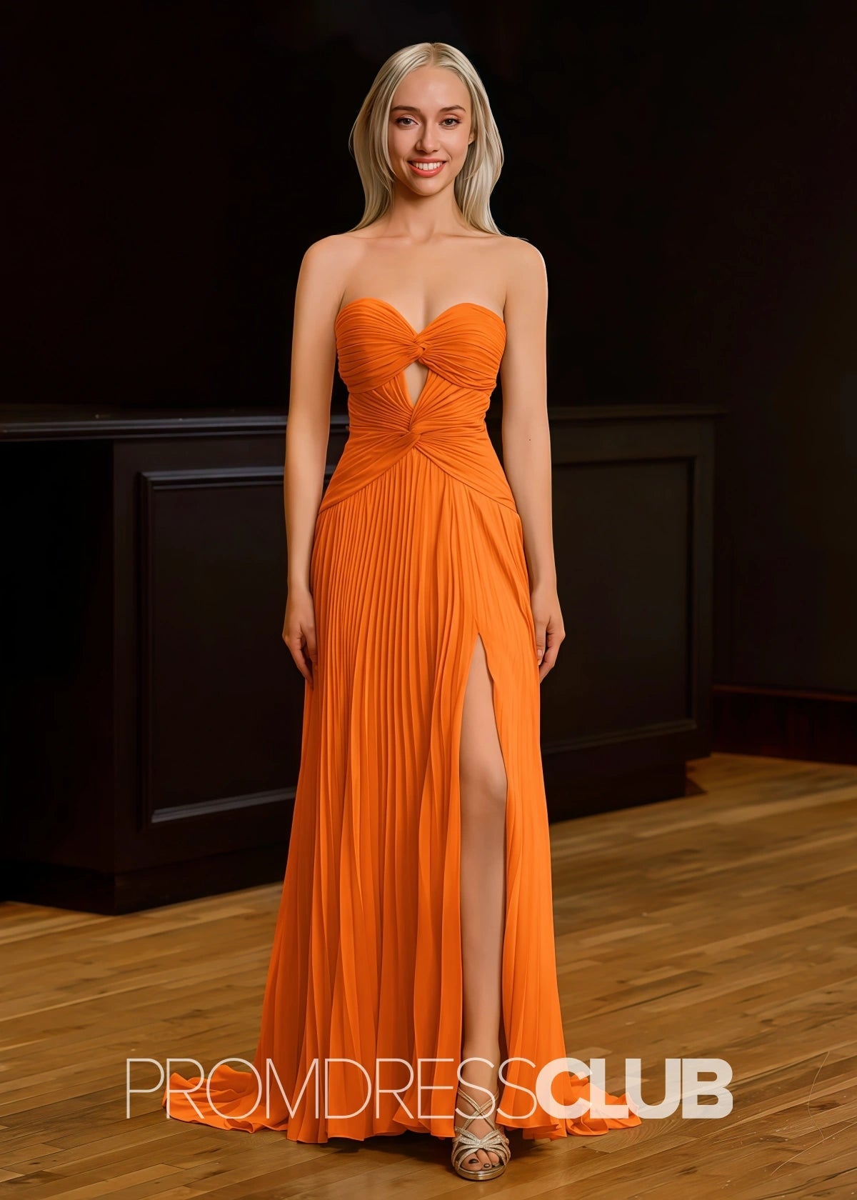 Ida | Strapless Keyhole Pleated Hot Pink Maxi Prom Dress - Orange - PROMDRESS Club