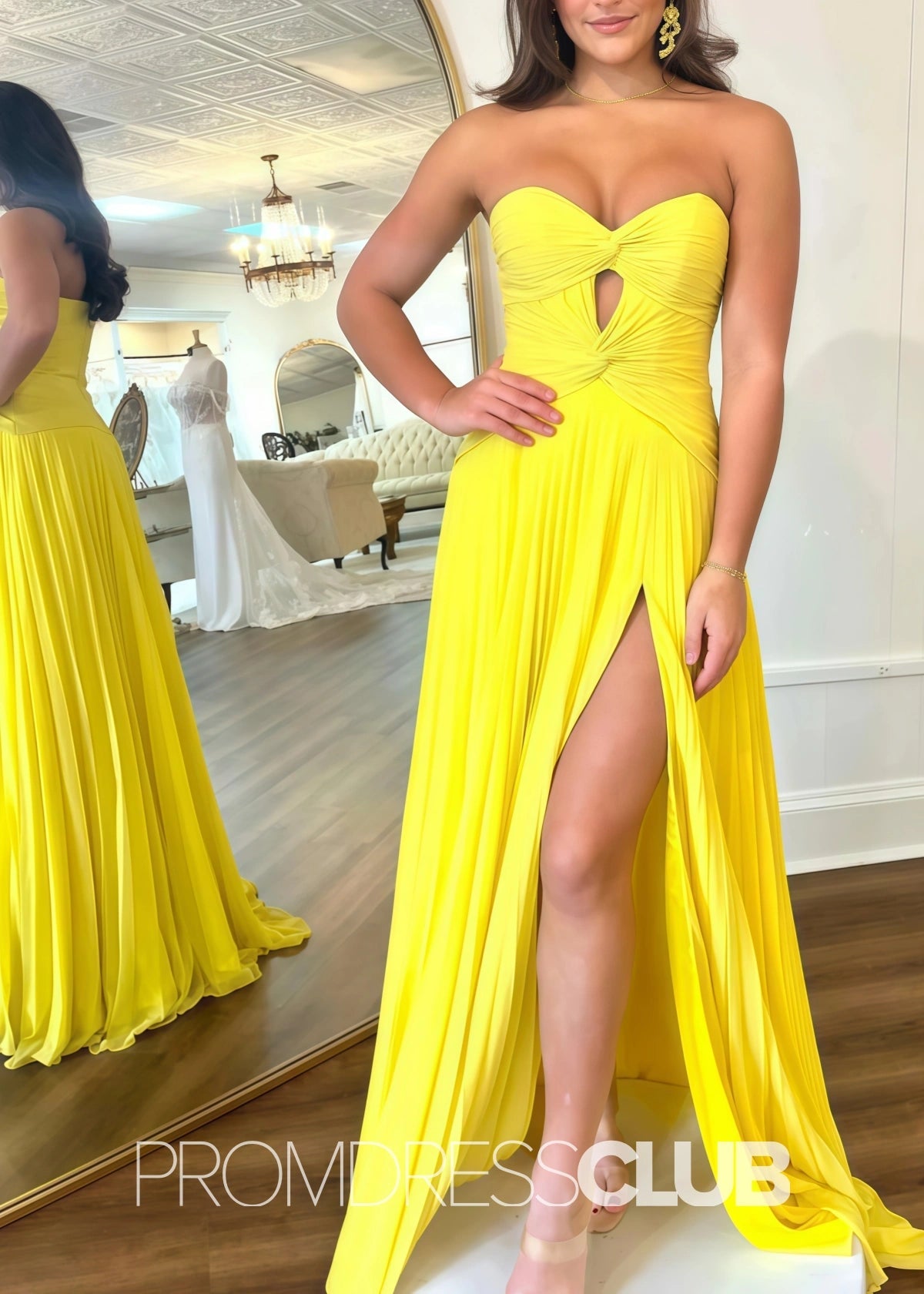 Ida | Strapless Keyhole Pleated Hot Pink Maxi Prom Dress - Yellow - PROMDRESS Club