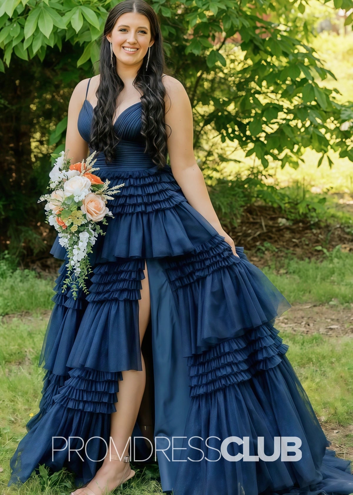 Ingrid | Tiered Pleats Ruffles Spaghetti Straps Red Tulle Prom Dress - Navy Blue - PROMDRESS Club