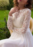 Iris | A Line Long Sleeve High Neck White Lace Wedding Dress Train - White - PROMDRESS Club