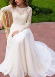 Iris | A Line Long Sleeve High Neck White Lace Wedding Dress Train - White - PROMDRESS Club