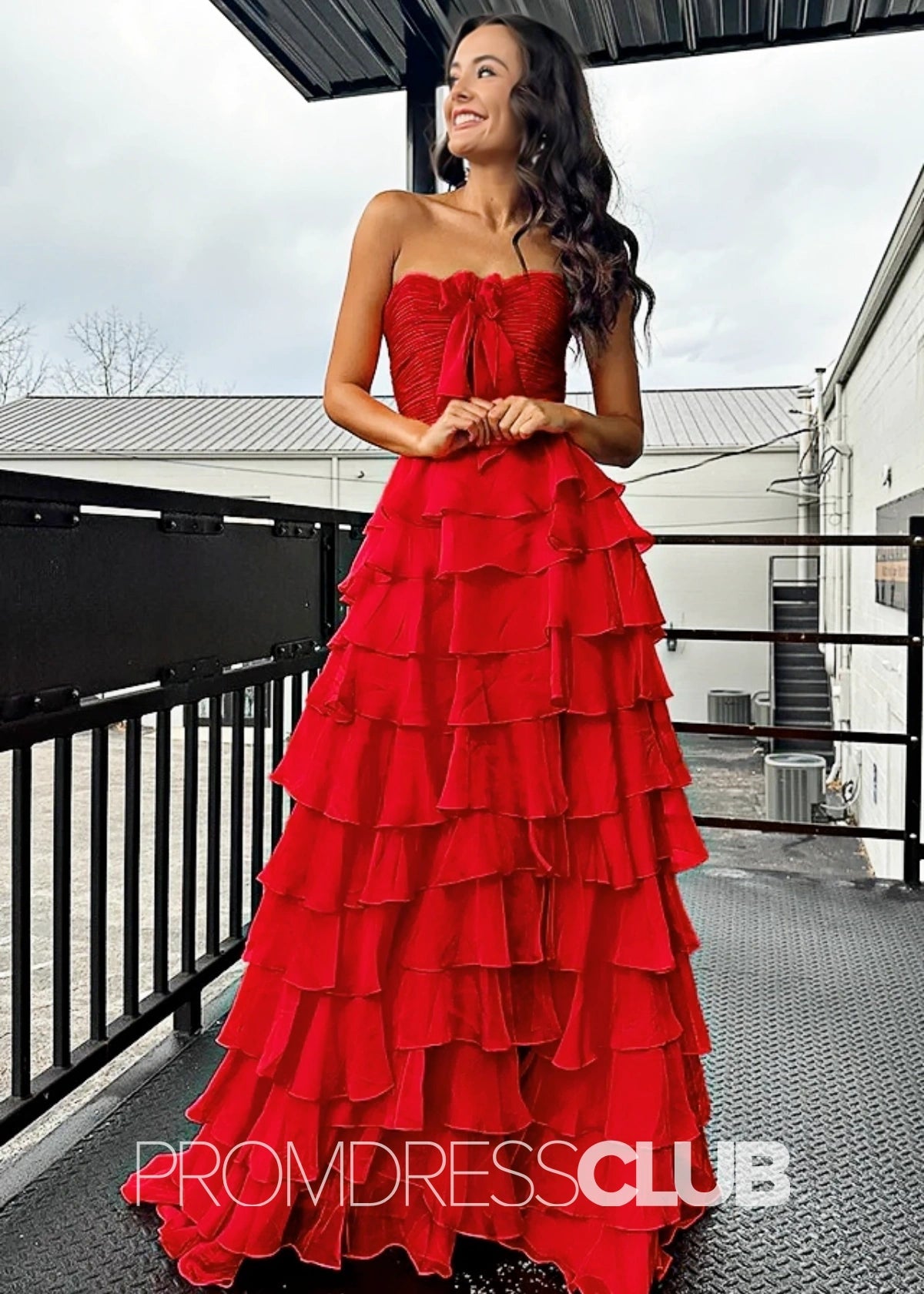 Iris | Tiered Ruffles Sweetheart Hot Pink Chiffon Prom Dress - Red - PROMDRESS Club