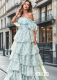 Jacqueline | Tiered Corset Light Blue Floral Long Formal Dress with Ruffles - Light Blue Floral - PROMDRESS Club