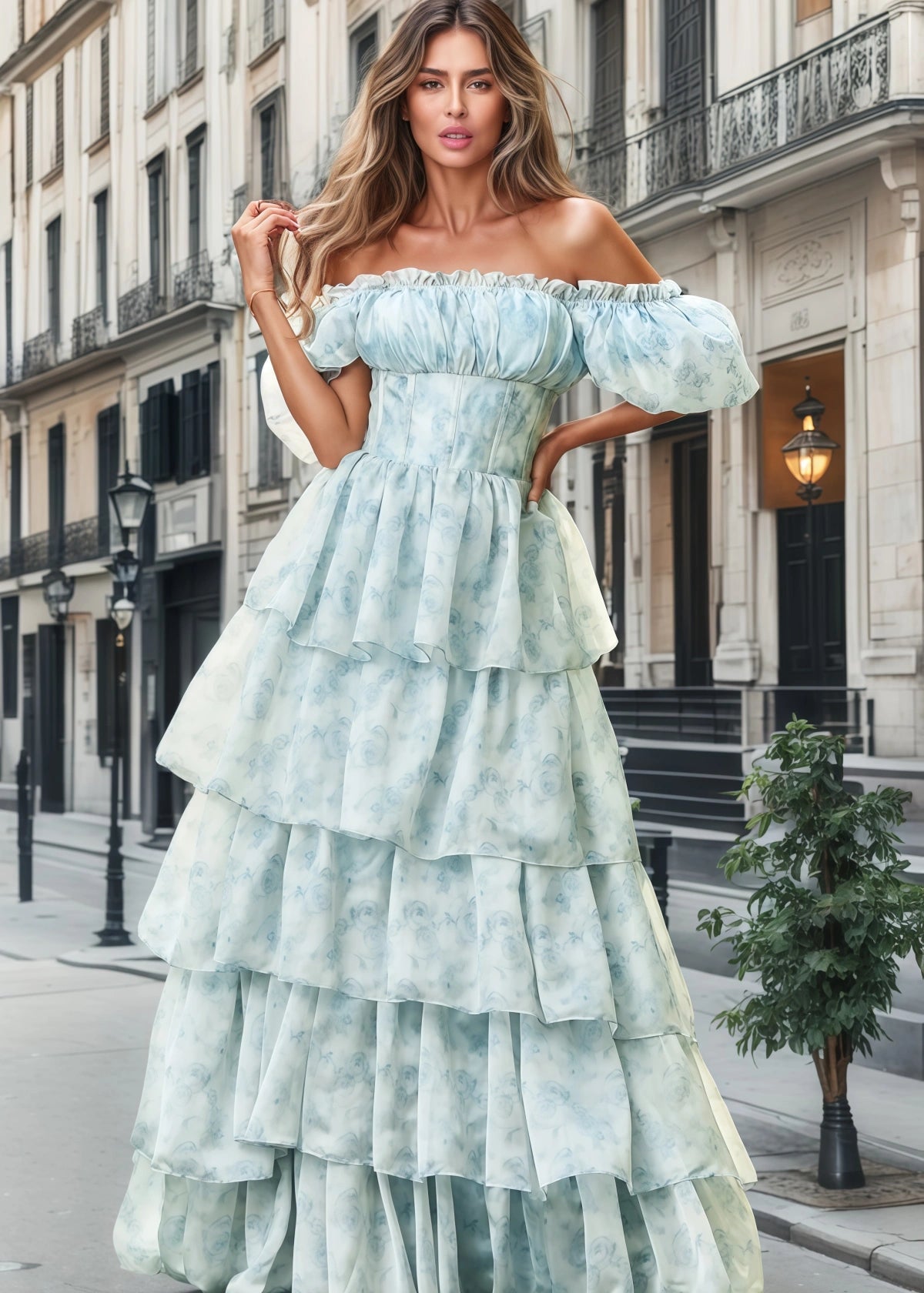 Jacqueline | Tiered Corset Light Blue Floral Long Formal Dress with Ruffles - Light Blue Floral - PROMDRESS Club