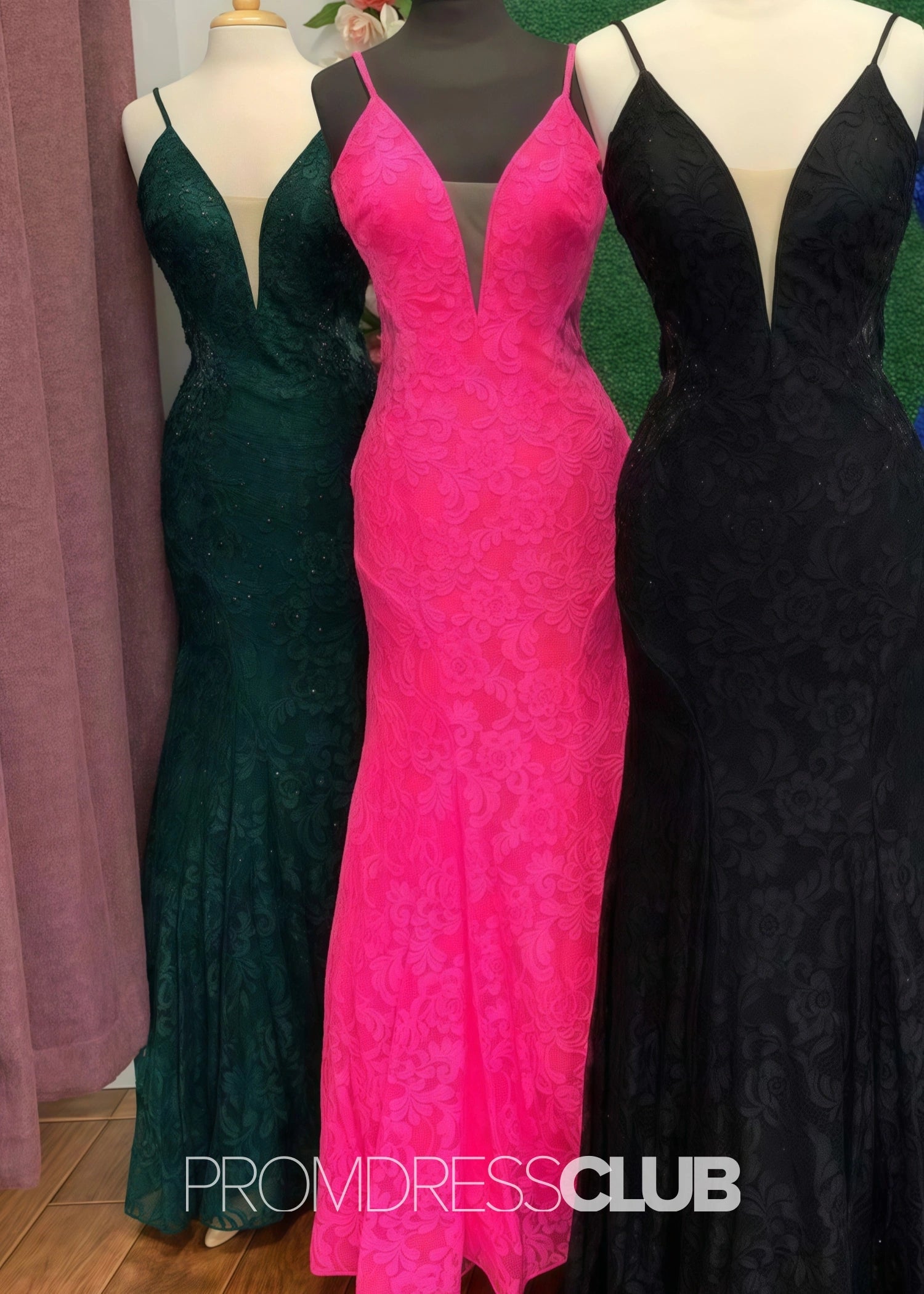 Jamie |Hot Pink Long Prom Dresses Near Me With Mermaid Strapless Trumpet Lace Open Back - Dark Green - US0 - PromDressClub