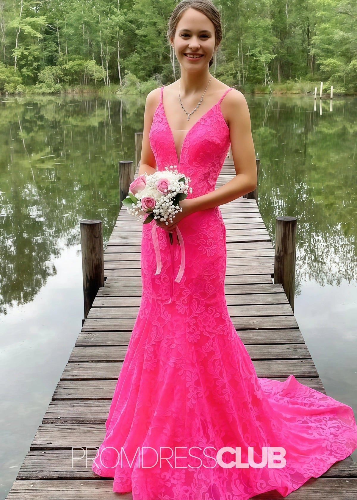 Jamie |Hot Pink Long Prom Dresses Near Me With Mermaid Strapless Trumpet Lace Open Back - Hot Pink - US0 - PromDressClub