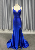 Jamie |Royal Blue Long Prom Dress With Mermaid V Neck Beaded Jersey Slit - Royal Blue - US0 - PromDressClub