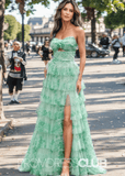 Janet | A Line Strapless Green Floral Long Formal Dress with Ruffles - Green Floral - PROMDRESS Club