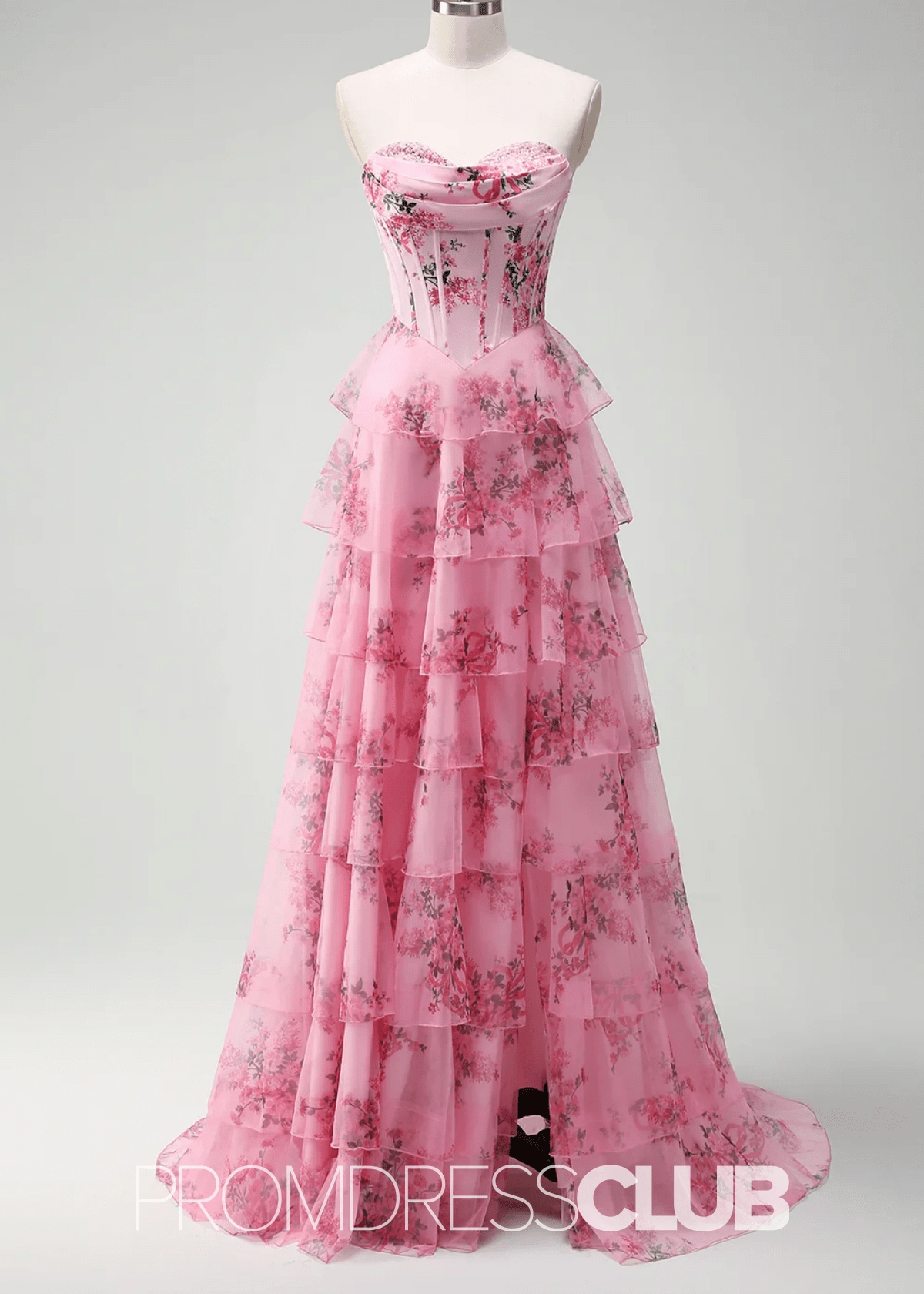 Janice | Strapless Corset Pink Floral Long Prom Dress - Blush Floral - PROMDRESS Club