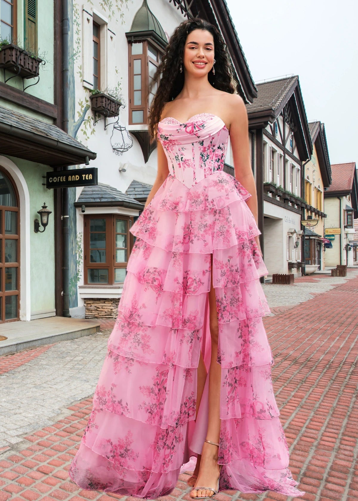 Janice | Strapless Corset Pink Floral Long Prom Dress - Blush Floral - PROMDRESS Club