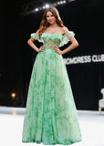 Jean | A Line Green Floral Long Prom Dress - Green Floral - PROMDRESS Club