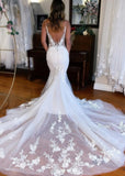 Jennifer | Elegant V Neck Lace Mermaid Wedding Dress with Long Train - White - PROMDRESS Club