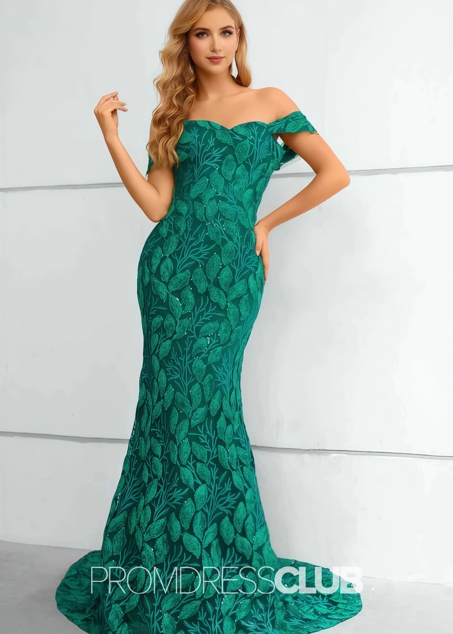 Jennifer |Long Green Prom Dresses Near Me With Mermaid Lace Off The Shoulder - Green - US0 - PromDressClub